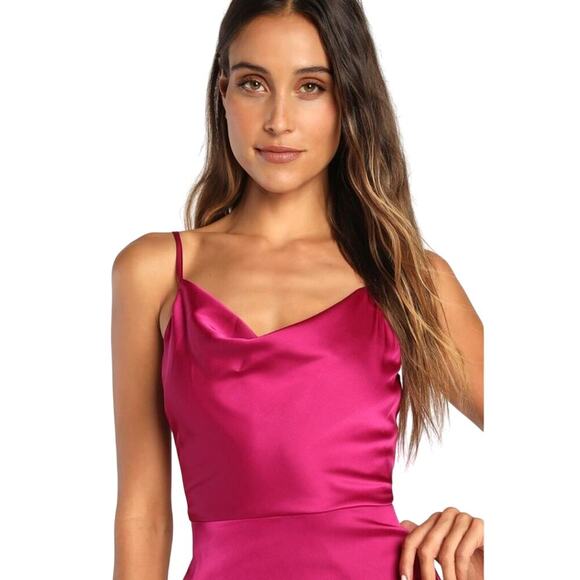 Lulus Magenta Satin Cowl Neck Ruched Mini Dress XL Asymmetrical Party - Picture 3 of 8